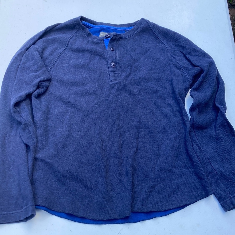 Blue LL Bean Henley Collar Long Sleeve Thermal T Shirt